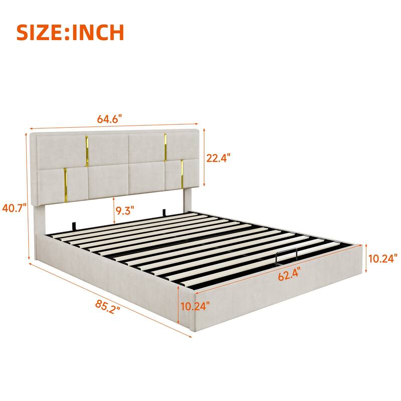 Roomfitters Queen Upholstered Platform Bed with Hydraulic Storage Lift, Modern Bed Frame, No Box Spring Required