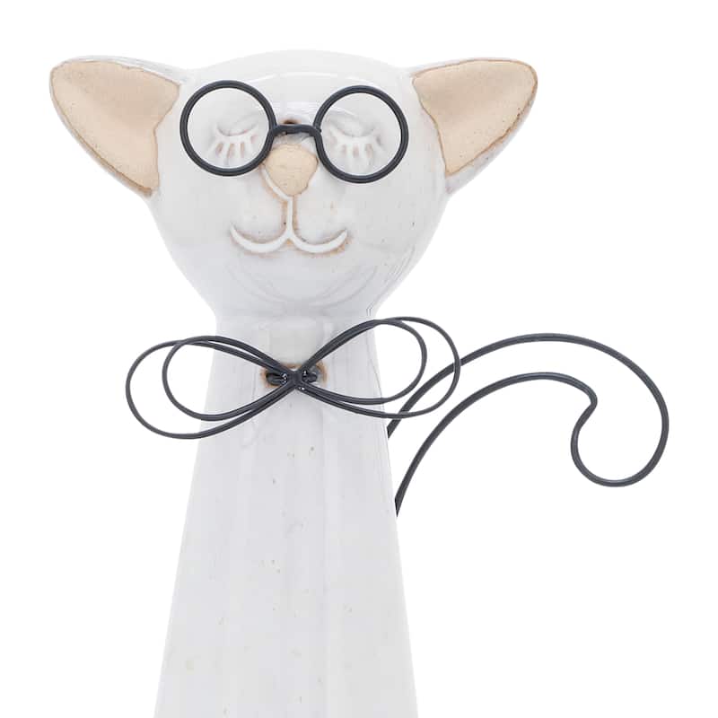 Sagebrook Home Modern Neutral Ceramic Cat with Glasses Figurine