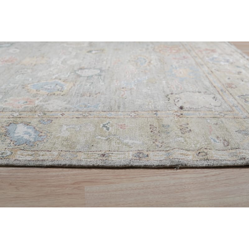 Hand-Knotted Natural Silk Grey/Light Olive Classic Floral Natural Silk Oushak Rug - 10' x 14'