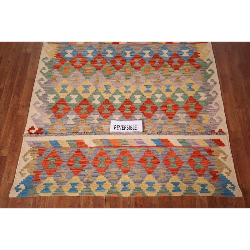 Geometric Kilim Oriental Area Rug Hand-Woven Wool Carpet - 5'2"x 6'6"