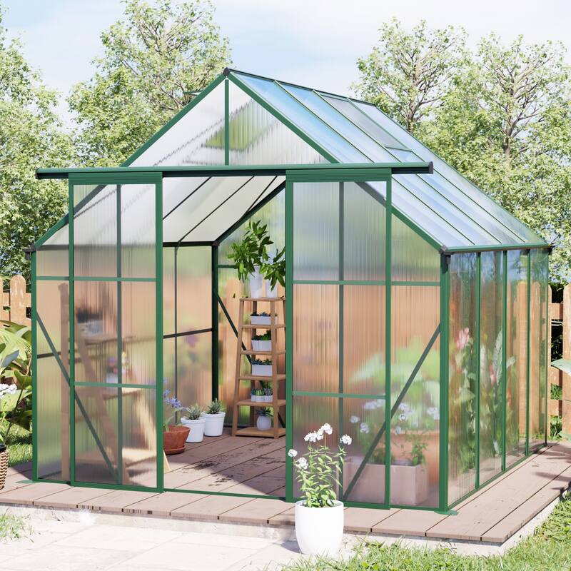 UV-Resistant Greenhouse Shed Plant Shed with Sliding Door & Adjustable Roof, Built-in Drainage Gutter Garden Shed, Rust-proof