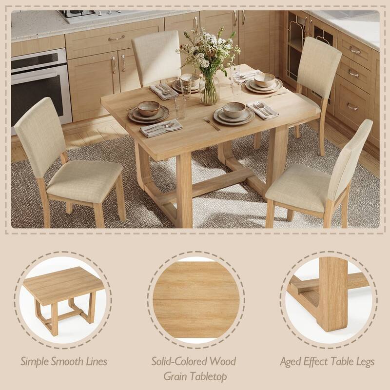 Rossetta 5-Piece Wood Transitional Farmhouse Style Dining Table Set with U-Shaped Trestle Base Table, 4 Upholstered Side Chairs