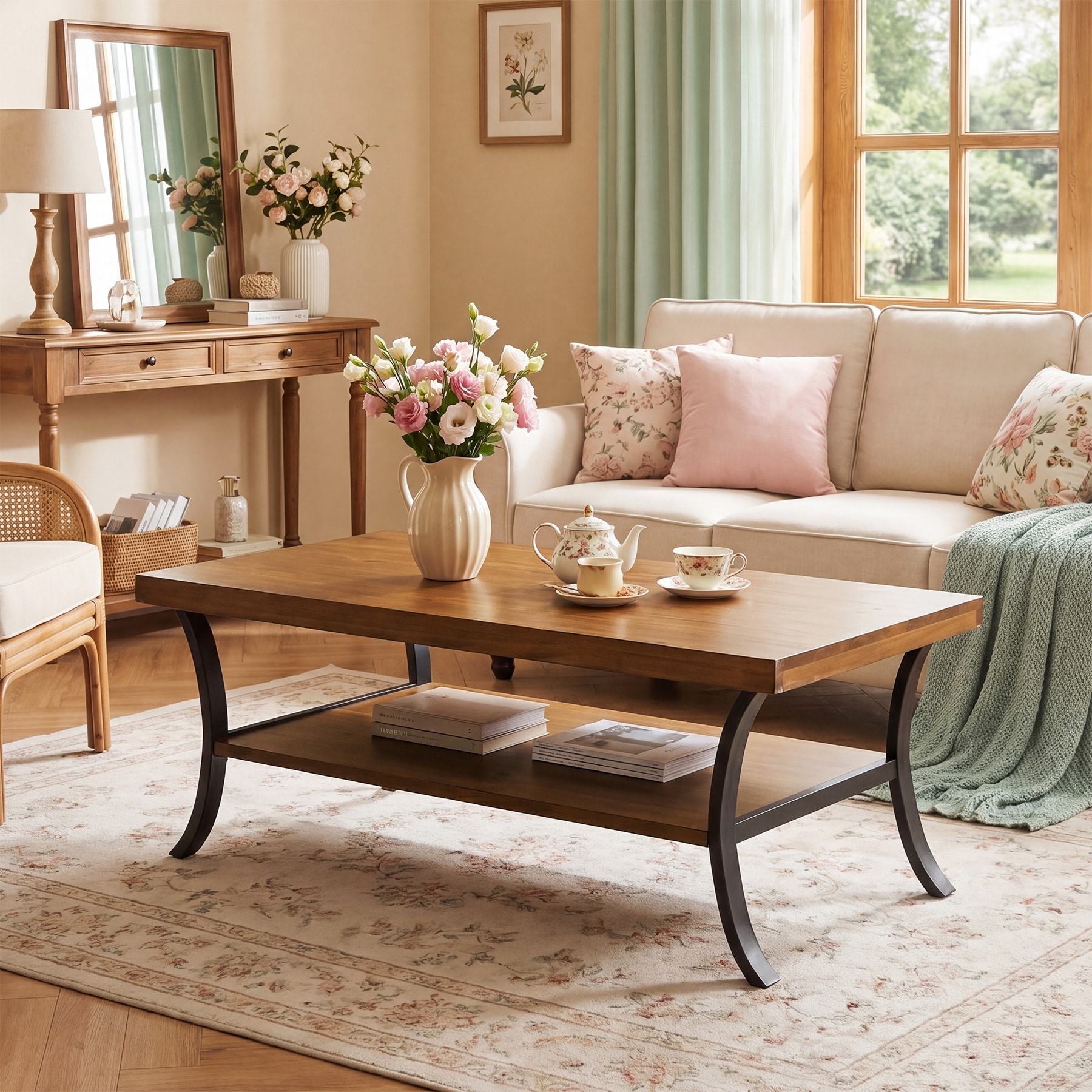 Farmhouse Coffee Table, 2-Tier Rectangular Wood Coffee Table
