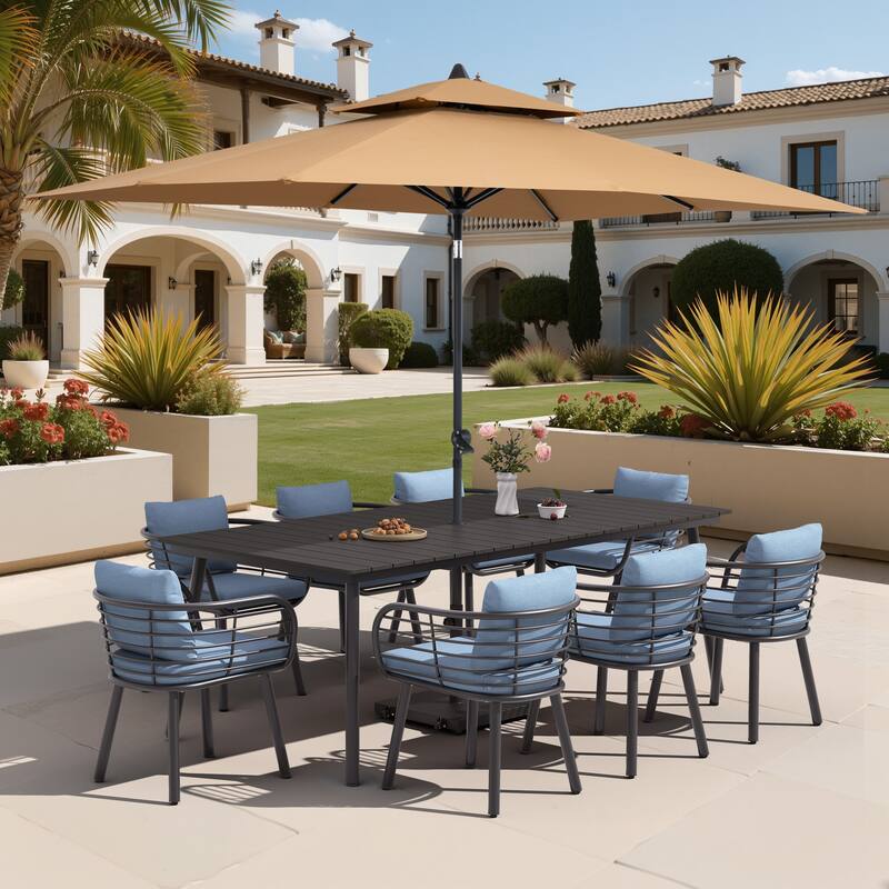 11-Piece Outdoor Patio Dining Set with Sunbrella Cushion Aluminum Dining Table and Chairs w/10 ft Umbrella and Base with Wheels