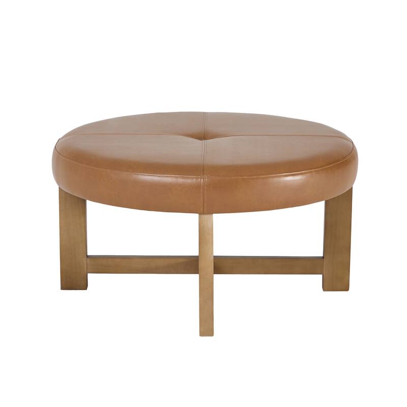 Christopher Knight Home - Marlowe Modern Round Faux Leather Ottoman Coffee Table with Tufted Top and Wood Base