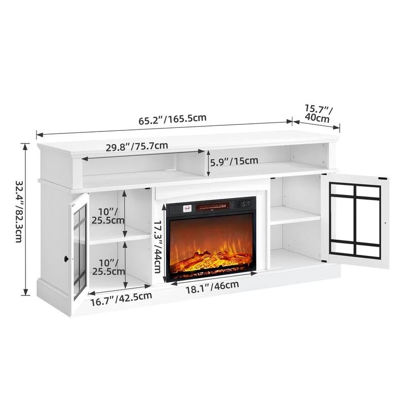 LED TV Stand for 75" TVs Glass Doors TV Media Console Table White - 65 inches in width