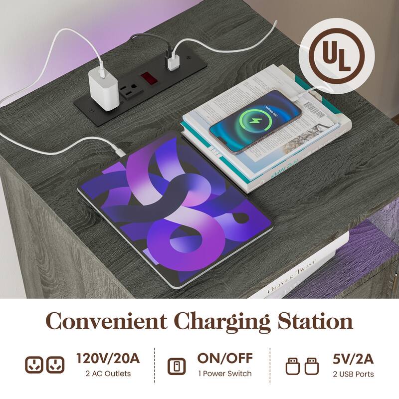 Farmhouse Nightstand Set of 2 With LED Lights and Charging Station