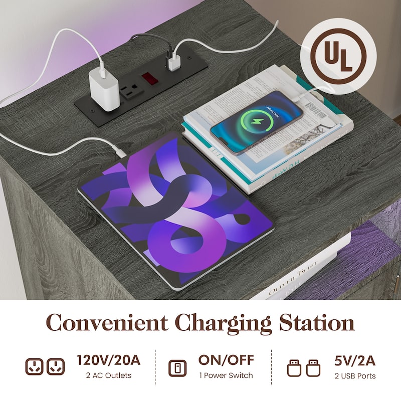 Farmhouse Nightstand With LED Lights and Charging Station