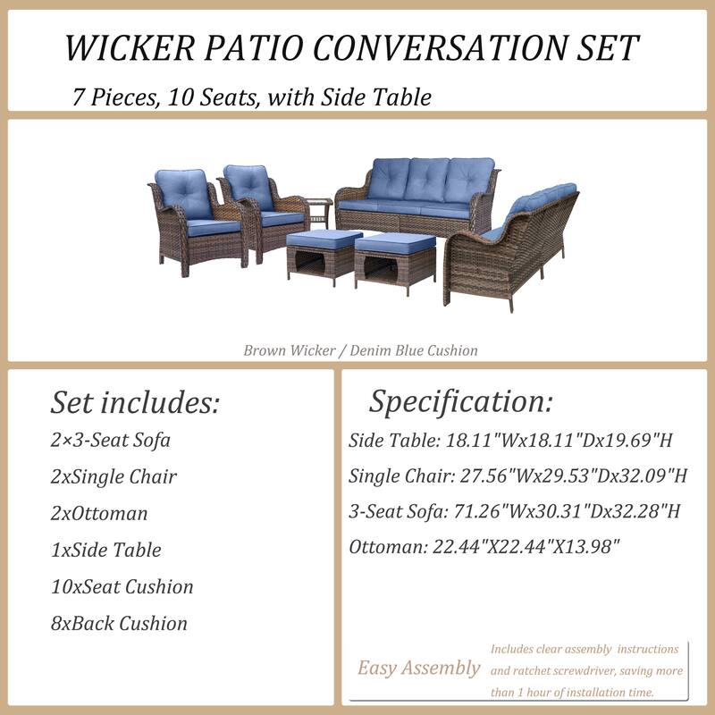 High Back Wicker 7 Piece Outdoor Patio Furniture Seating Sofa Set