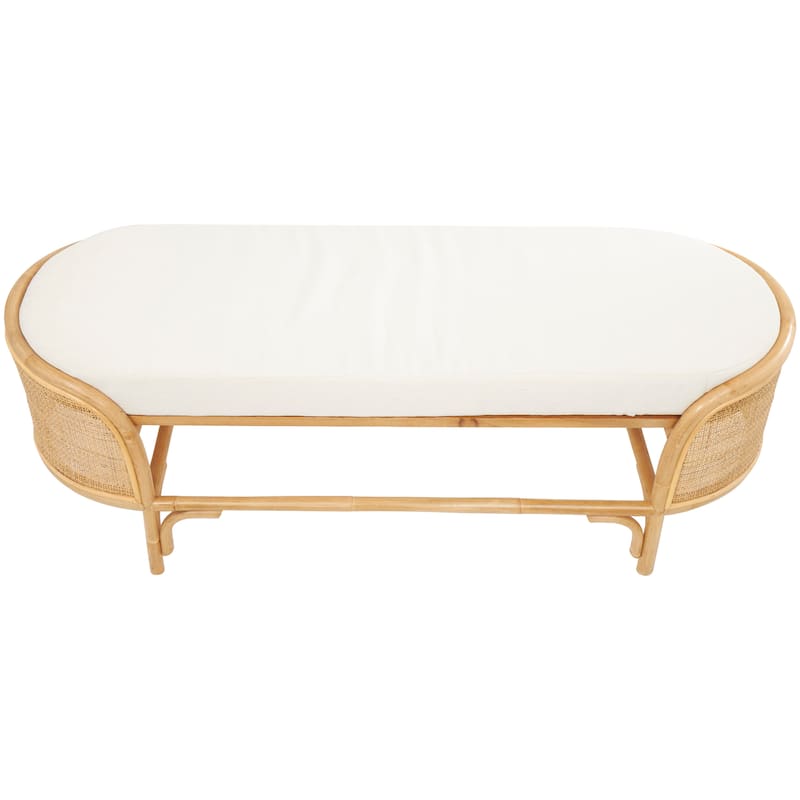 Rattan Handmade Oval Bench with White Fabric Cushion - Brown - Roche River Decor - 18"Wx49"Lx17"H