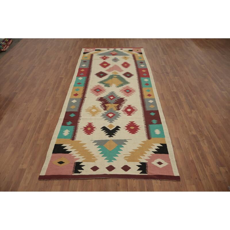Hand Woven Oriental 100% Wool Carpet Southwestern Tribal Beige & Ivories Kilim Area Rug - 11' 9'' X 4' 10''