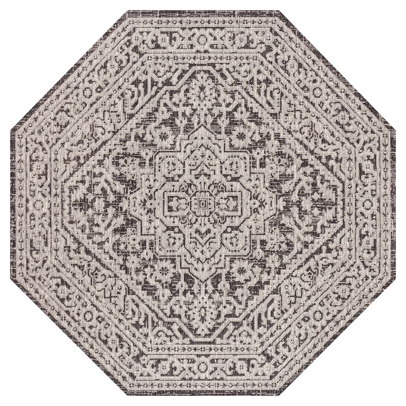 JONATHAN Y Rozetta Medallion Textured Weave Indoor/Outdoor Area Rug - 8'Octagon - Gray/Black