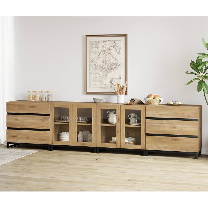 4 in 1 Storage Cabinet with 6 Drawers & Glass Doors, Modern Sideboard Credenza with Adjustable Shelves, Coffee Bar for Kitchen - 126 inches - Oak