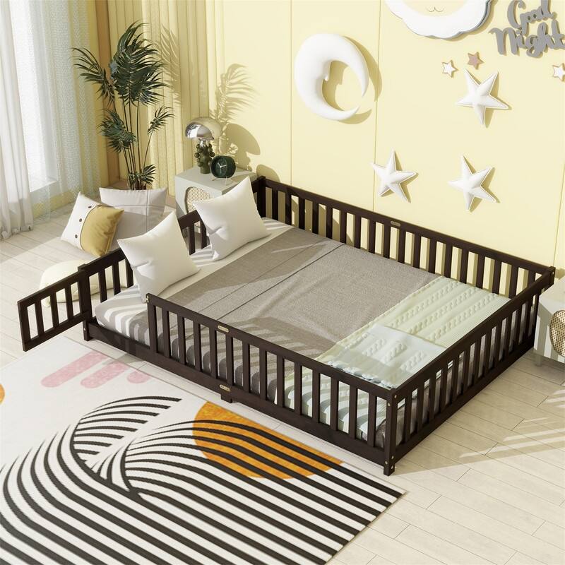 Twin/Full/Queen Size Floor Bed with Fence Guardrails and Door, Rubber Wood Toddler Bed Montessori Bed with Slats Support