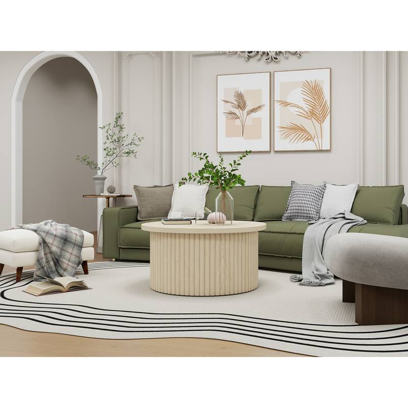 Round Coffee Table with Wood Grain Vertical Stripes, Small Fluted Circle Side Table, Center Table with Adjustable Feet