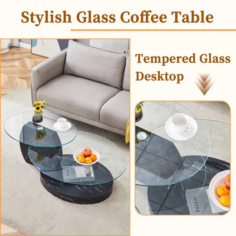 Roomfitters Double Layer Coffee Table with White Marble and Wood Grain Finish, Artistic Modern Design