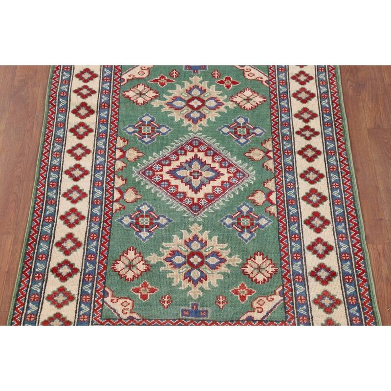 Green Geometric Kazak Foyer Rug Hand-Knotted Wool Carpet - 3'3" x 4'10"