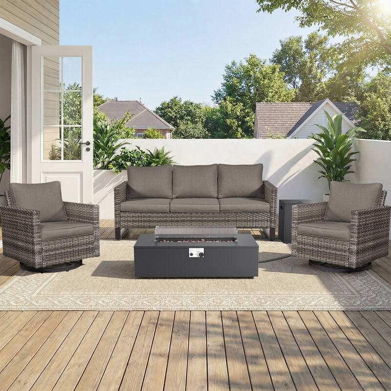Pocassy Patio 5/7PCS Sofa Swivel Chair Ottoman with Fire Pit Table - Gray Wicker Gray Cushion - 5-Piece Sofa Swivel Chair with Fire Pit Table