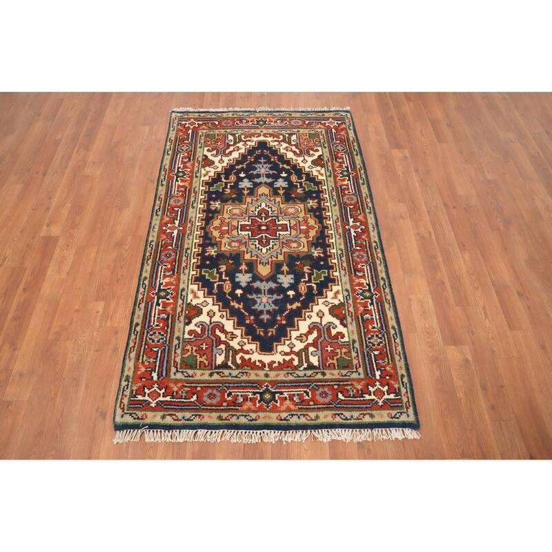 Hand Knotted Oriental 100% Wool Carpet Traditional Medallion Navy Blue & Blues Heriz (serapi) Area Rug - 5' 0'' X 3' 0''