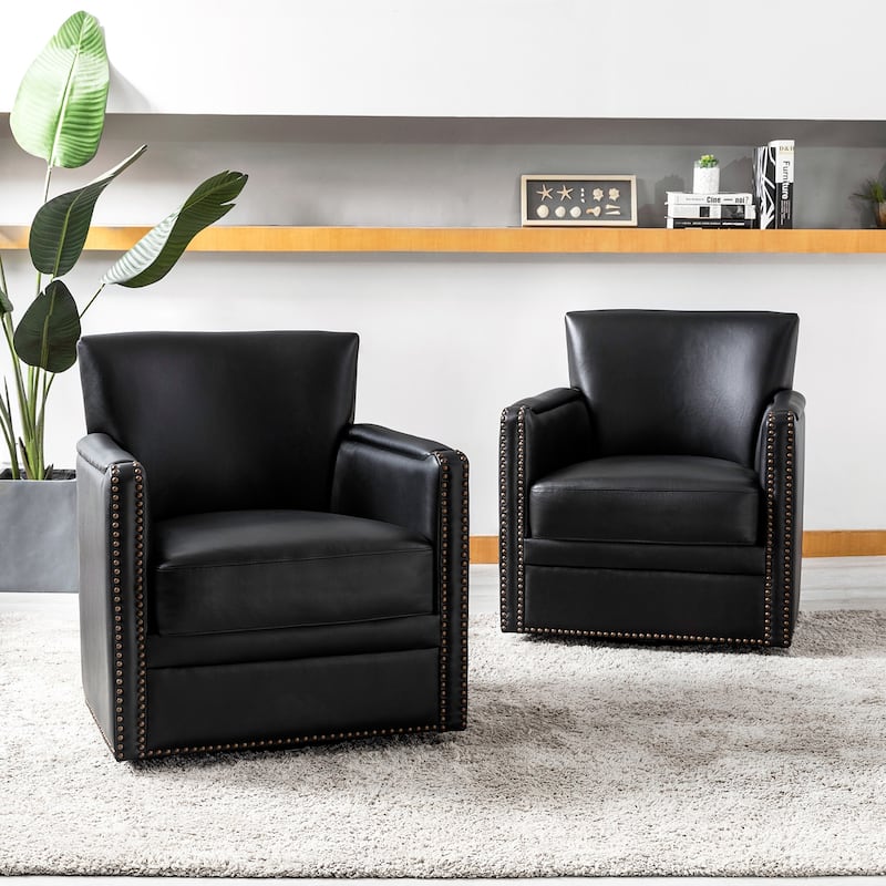 Pascual Classic Genuine Leather Swivel Chair With Nailhead Trim Arm Set of 2 by HULALA HOME - Black