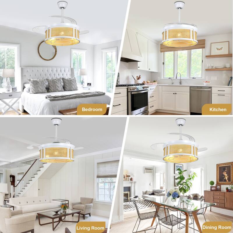 Cusp Barn 42'' Retractable Ceiling Fan with Lights and Remote, Boho Rattan Fandelier, Farmhouse Caged Chandelier Ceiling Fan