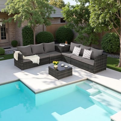 6-Piece Outdoor Wicker Sectional Patio Furniture Set with Storage Corner, and Tempered Glass Coffee Table