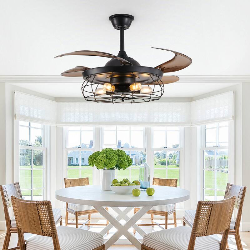 48 Inch Retractable Caged Ceiling Fan with Remote, Industrial 6-Speed/Reversible/DC Motor Ceiling Fan (Bulb Not Included)