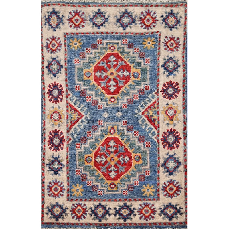 Blue Geometric Kazak Accent Rug Handmade Wool Carpet - 2'0" x 3'2"