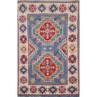 Blue Geometric Kazak Accent Rug Handmade Wool Carpet - 2'0" x 3'2"