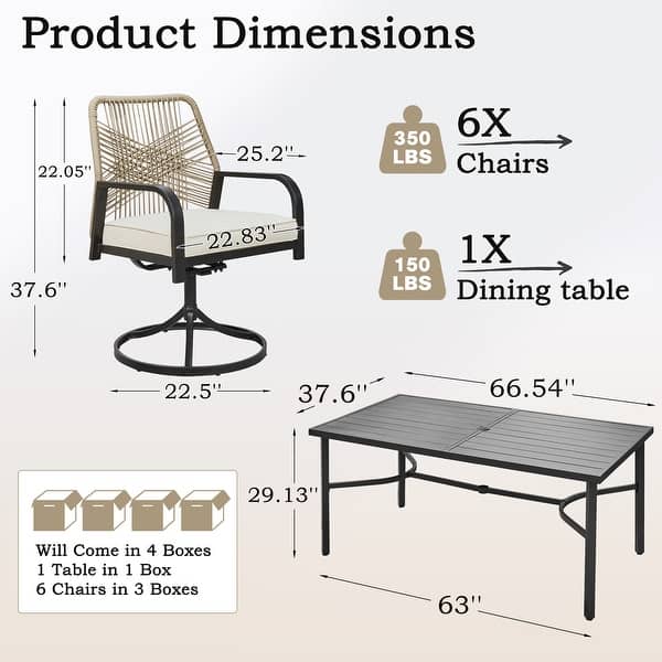dimension image slide 1 of 2, Outdoor Dining Set, Swivel Rattan Chairs w Thick Removable Cushion, Dining Table w Umbrella Hole, Patio Furniture Set