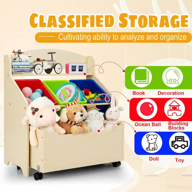 Kids Wooden Toy Storage Unit Organizer with Rolling Toy Box and Plastic Bins - 25" x 15" x 30" (L x W x H)