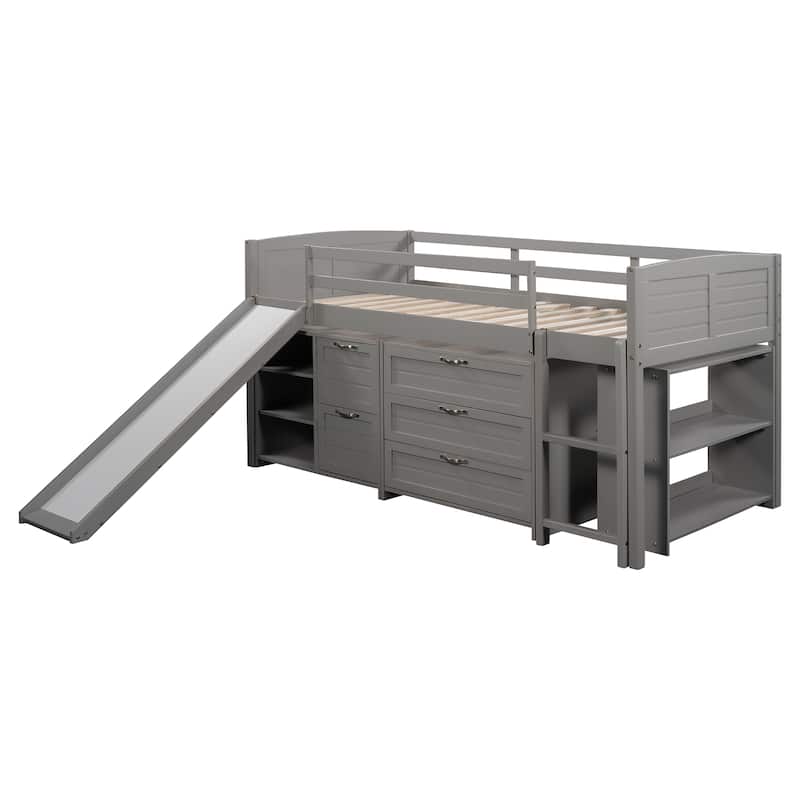 Low Twin Size Loft Bed with Cabinets, Shelves and Slide - Espresso
