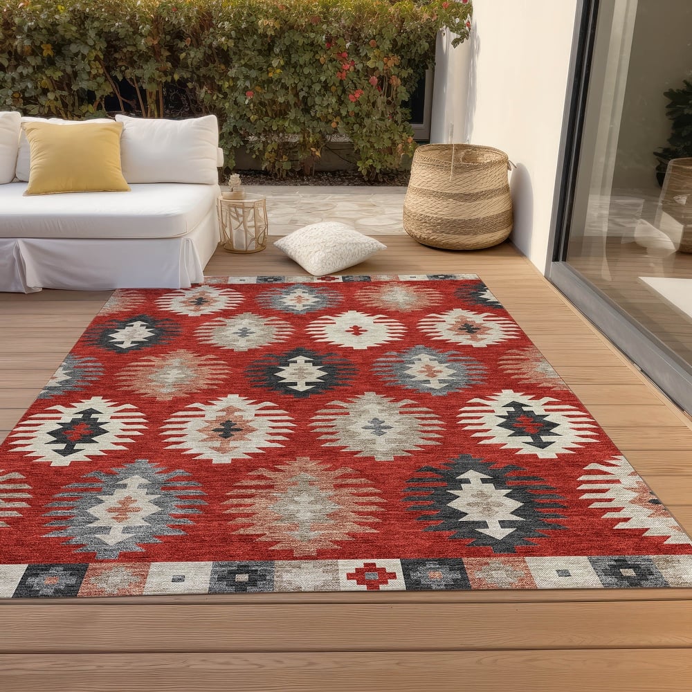 Machine Washable Indoor/ Outdoor Boho Tribal Chantille Rug