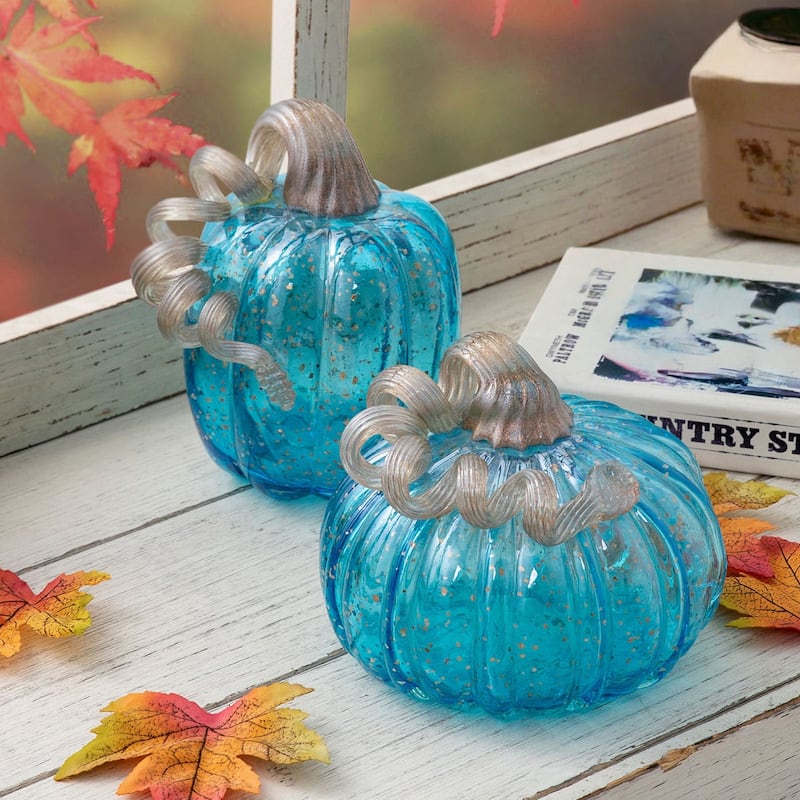 Glitzhome Fall Hand Blown Blue Glass Pumpkin Thanksgiving Table Decor - A & B