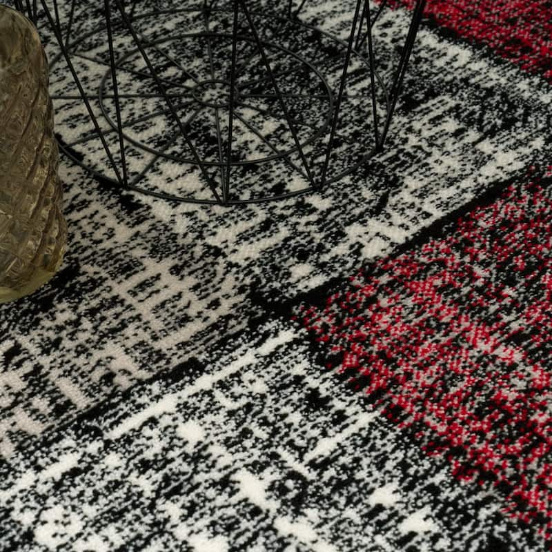 Abstract Area Rug For Living Room Checkered in Red Black White