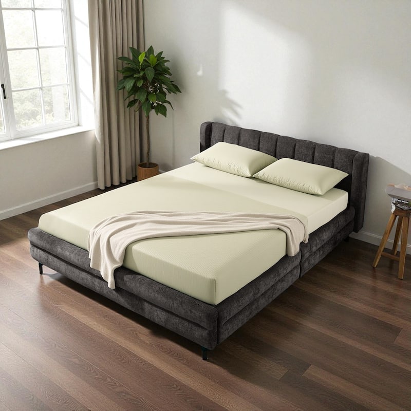 Queen Size Upholstered Bed Frame with Chenille Headboard and Underbed Storage Drawer, Solid Platform Design