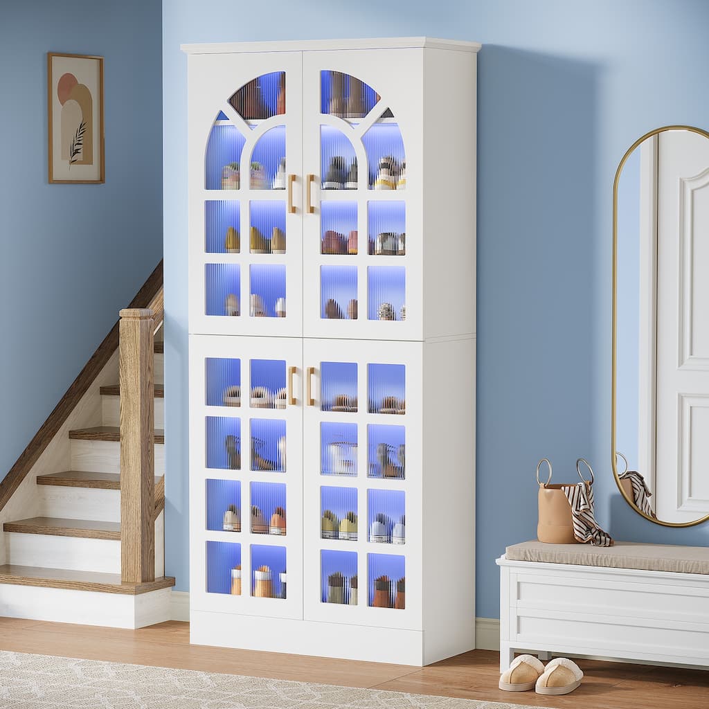 9-Tier Tall Shoe Storage Cabinet with Doors, Led Lights and Adjustable Shelves for Entryway, White