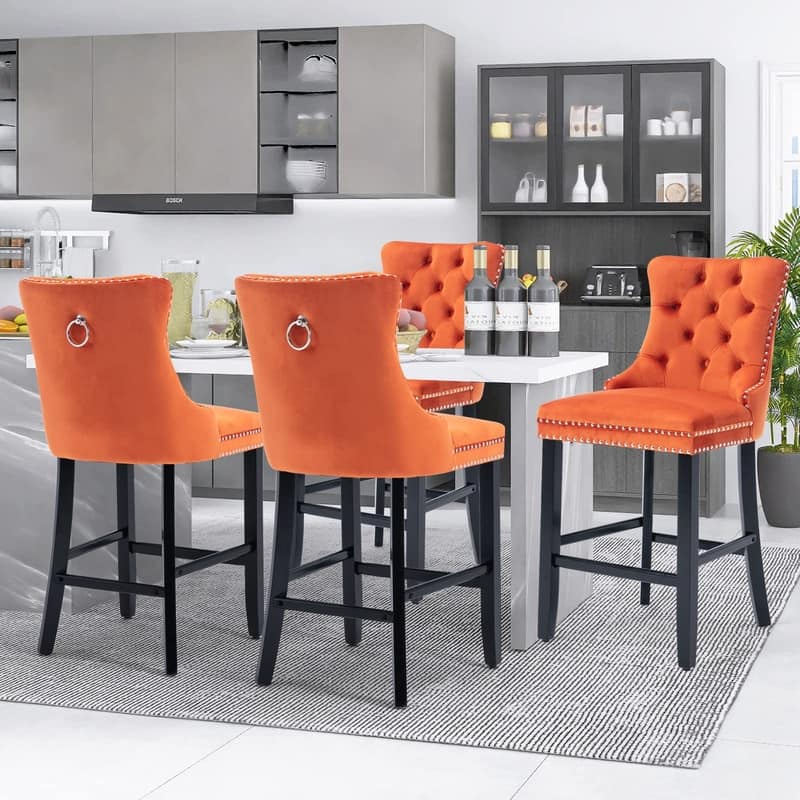 Wing Back Velvet Tufted Nailhead Barstools(Set of 4) - Orange Velvet