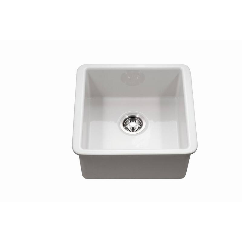 Houzer Platus 20" White Fireclay Undermount Square Single Bowl Bar Sink w/ Basket Strainer, Basin Grid Included