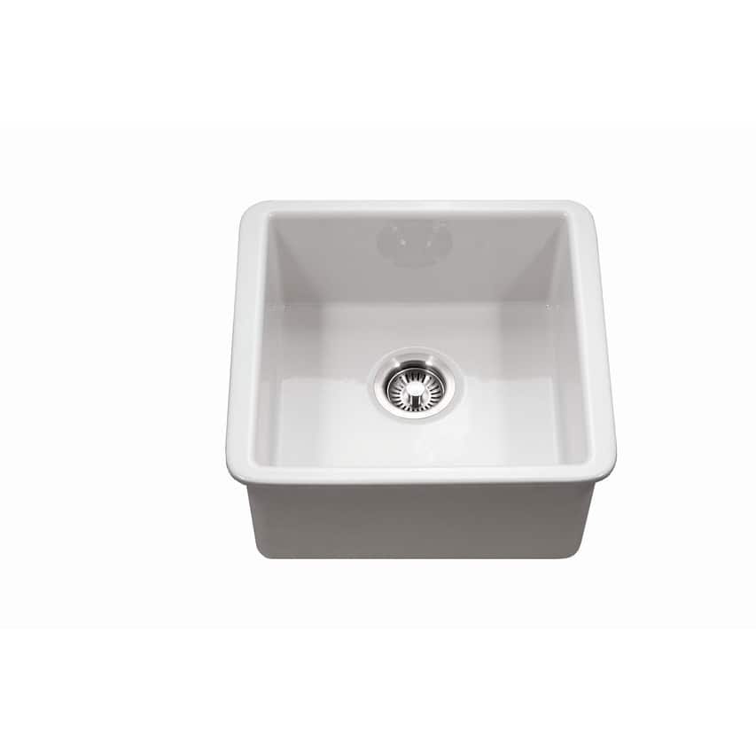 Houzer Platus 20" White Fireclay Undermount Square Single Bowl Bar Sink w/ Basket Strainer, Basin Grid Included