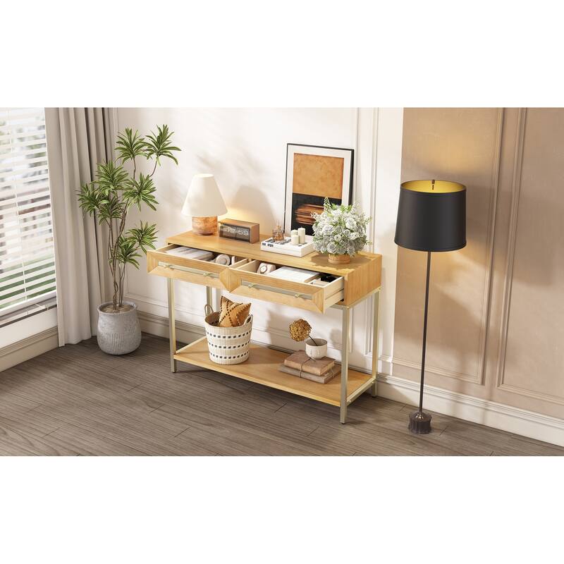 Retro Console Table with Two Drawers - Natural