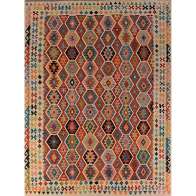 All-Over Geometric Kilim Oriental Area Rug Hand-Woven Wool Carpet - 8'8"x 11'3"