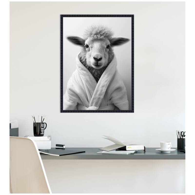 Kate and Laurel Sylvie Sheep Bathroom Art Towel Robe Black and White Framed Canvas by The Creative Bunch Studio