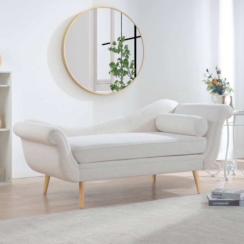 Chaise Lounge Indoor with Scroll Arms,Upholstered Chair Recliner Couch with Rolled Accent Pillow and Solid Wood Legs - White