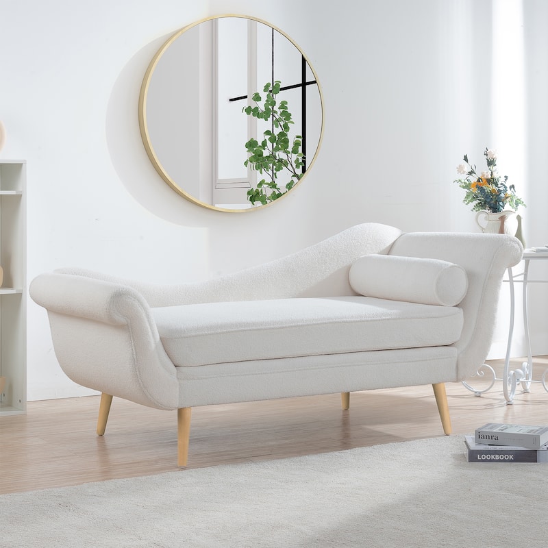 Upholstered Chaise Lounge Chair Indoor, Classic Sled Lounge Chair with Birch Legs & Lumbar Pillow for Living Room, Bedroom - White