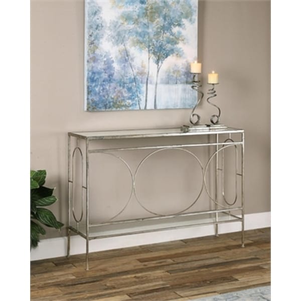 48" Geometrically Inspired Heavily Distressed Silver Leafed Iron 2-Tier Decorative Console Table - N/A