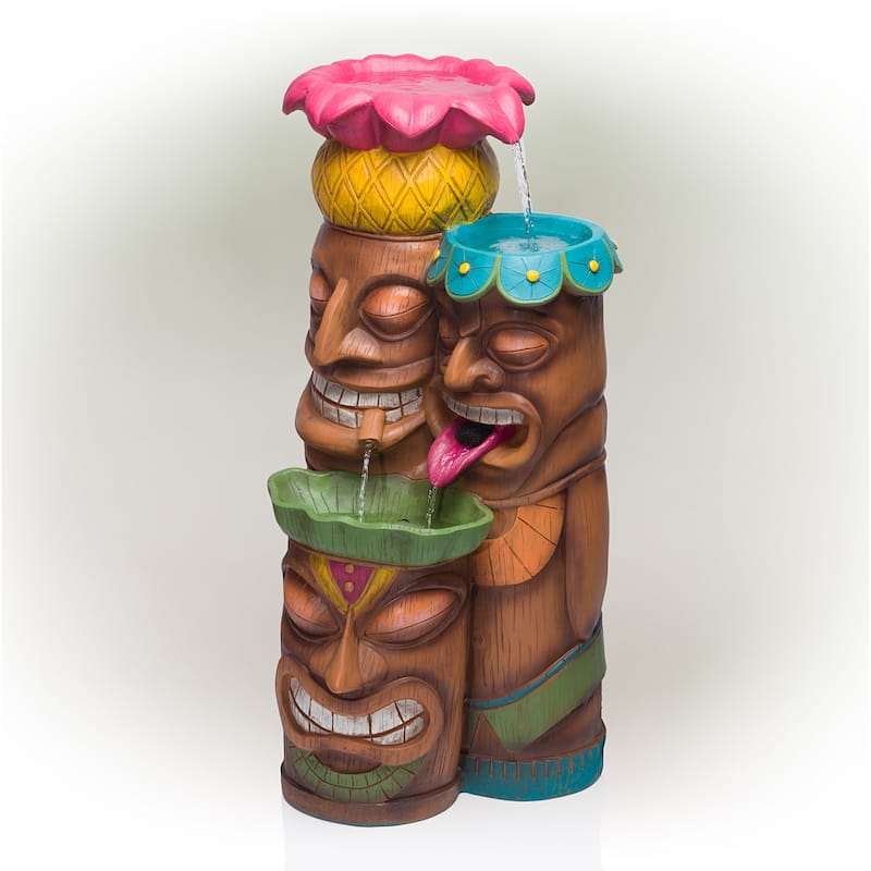 Alpine Corporation - 3-Tiered Colorful Tiki Head Water Fountain, Indoor/Outdoor Tropical Waterfall with LED Lights, for Garden