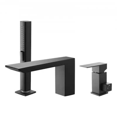 Matte Black 3-Hole Deck Mount Widespread Roman Bathtub Faucet with Waterfall Fill and Handheld Shower - 8.94” x 2.83” x 6.89”