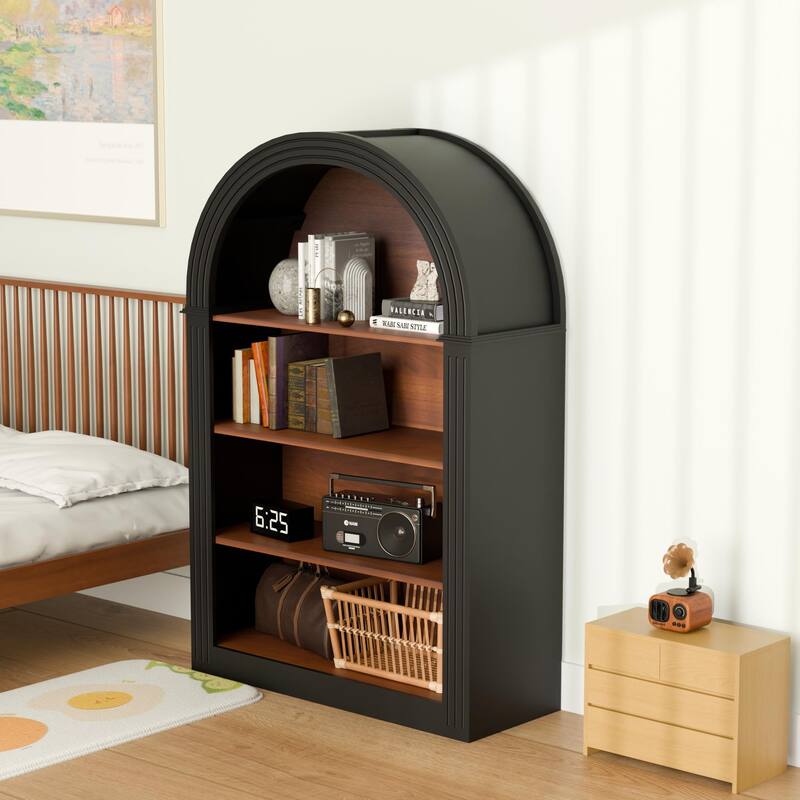 Bookcase, 4-Shelf Tall Bookshelf, 45.66" Wood Open Display Floor Arched Bookcase, Large Storage Organizer