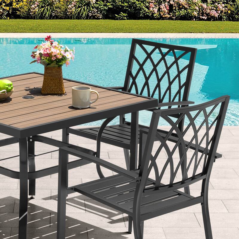 5PCS Patio Metal Dining Set with Umbrella Hole and Faux Wood Tabletop